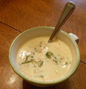 broccoli cheese soup made with a good sharp cheddar cheese. A meatless dish for everyone